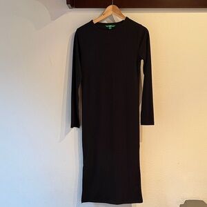 Dip Ribbed Classic Long Sleeve Midi Dress with Side Slits, Black, Size S